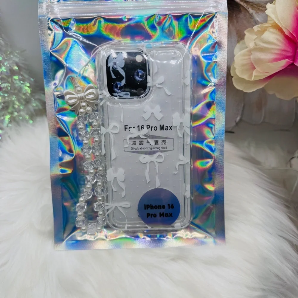 Chic iPhone 16 Pro Max White Bow Theme Clear Case w/ matching bead charm